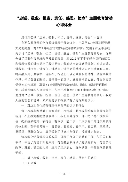 “忠诚、敬业、担当、责任、感恩、使命”主题教育活动心得体会