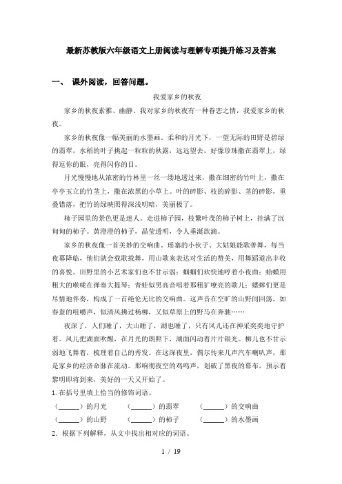 最新苏教版六年级语文上册阅读与理解专项提升练习及答案