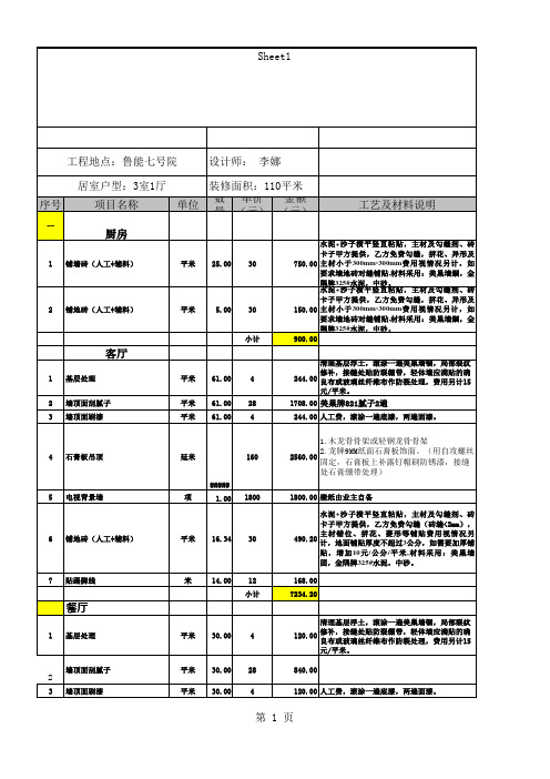 最新110平米装修报价单