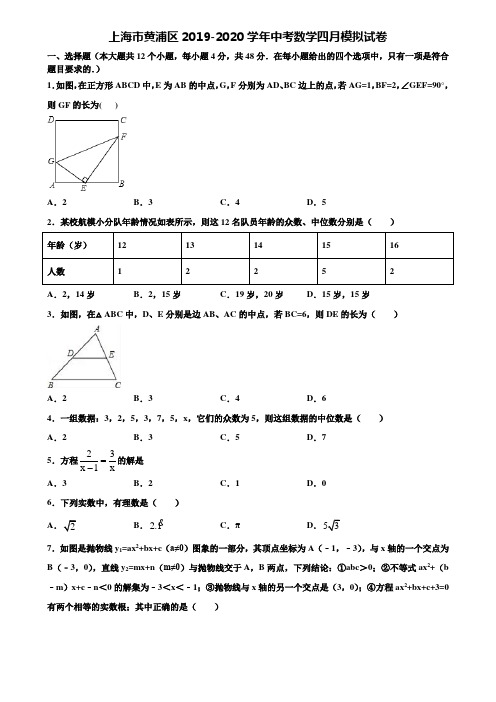 上海市黄浦区2019-2020学年中考数学四月模拟试卷含解析