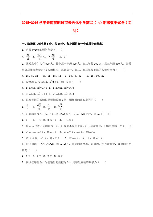 云南省昭通市云天化中学高二数学上学期期末试卷 文(含解析)