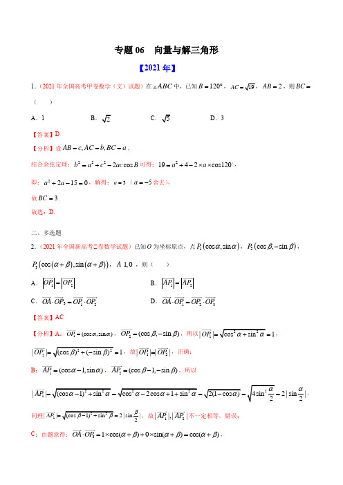 2022年高考数学二轮复习近十年真题汇编专题06向量与解三角形-(全国通用)(解析卷)