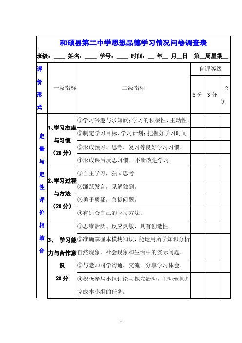 中学思想品德学习情况问卷调查表