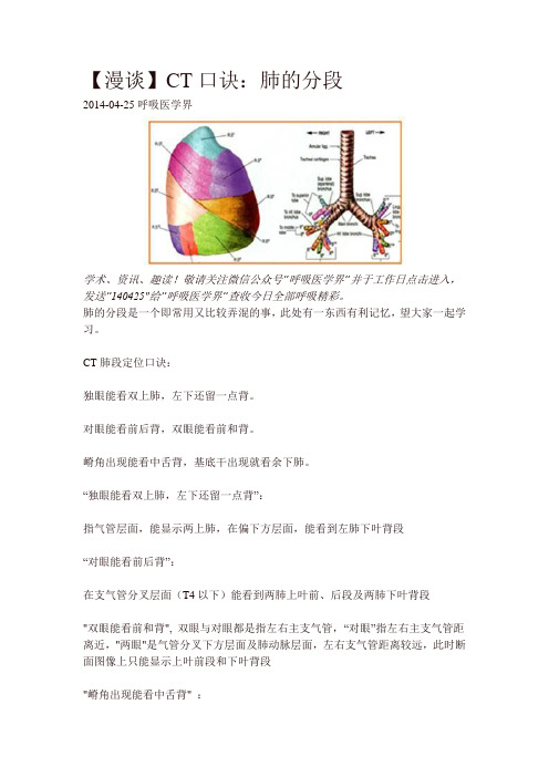 CT口诀：肺的分段