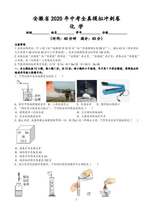 安徽省新2020年中考化学模拟预测卷(一)含答案