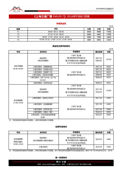 上海广播电视台各频率节目广告刊例价表(2016年9月1日起)