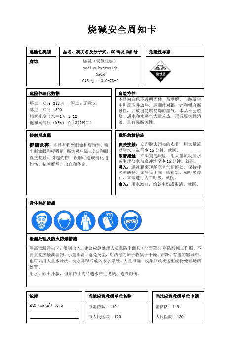 烧碱安全周知卡、职业危害告知卡、理化特性表