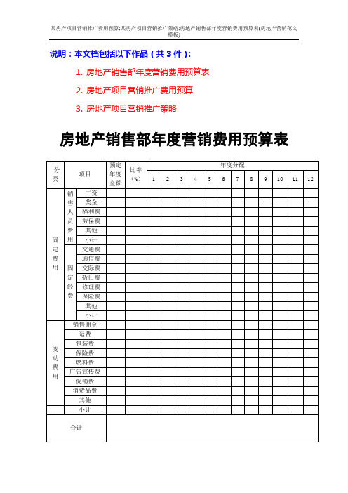 某房产项目营销推广费用预算;某房产项目营销推广策略;房地产销售部年度营销费用预算表(房地产营销范文模板)