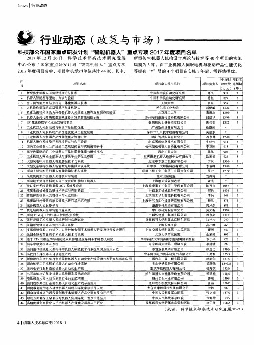 科技部公布国家重点研发计划“智能机器人”重点专项2017年度项目名单