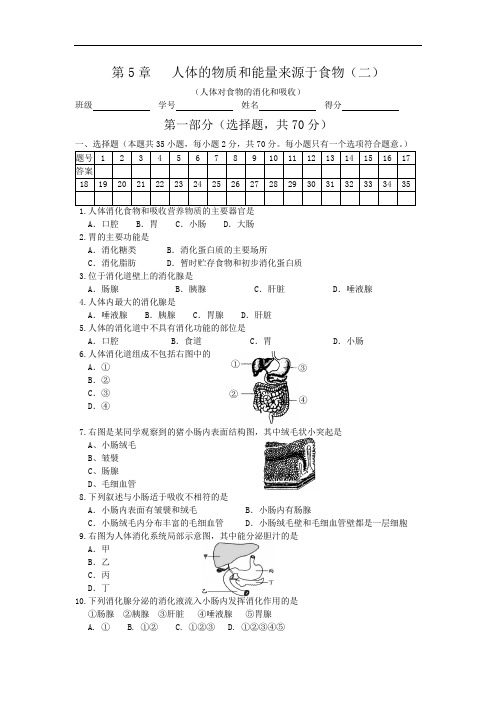 苏科版七年级上册单元测试——第5章   人体的物质和能量来源于食物(二)