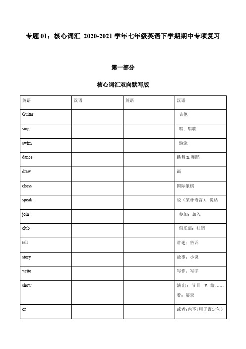 专题01：核心词汇2020-2021学年七年级英语下学期期中专项复习