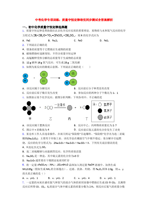 中考化学专项训练：质量守恒定律培优同步测试含答案解析