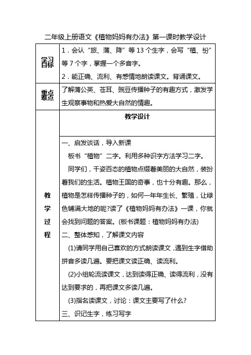 二年级上册语文《植物妈妈有办法》第一课时教学设计