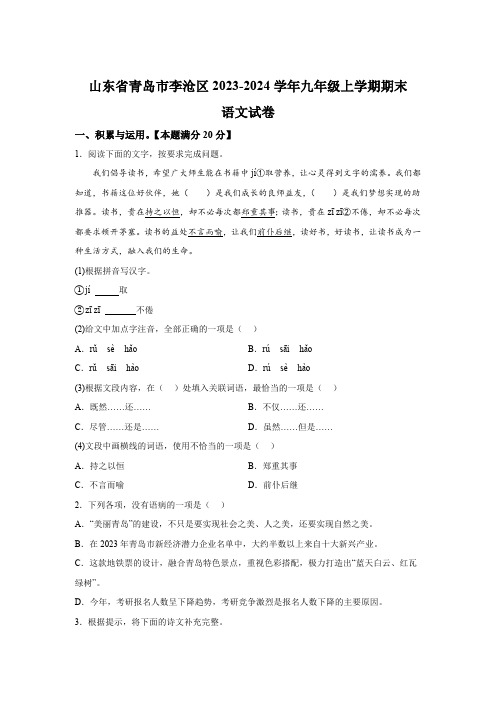 山东省青岛市李沧区2023-2024学年九年级上学期期末语文试题(含解析)