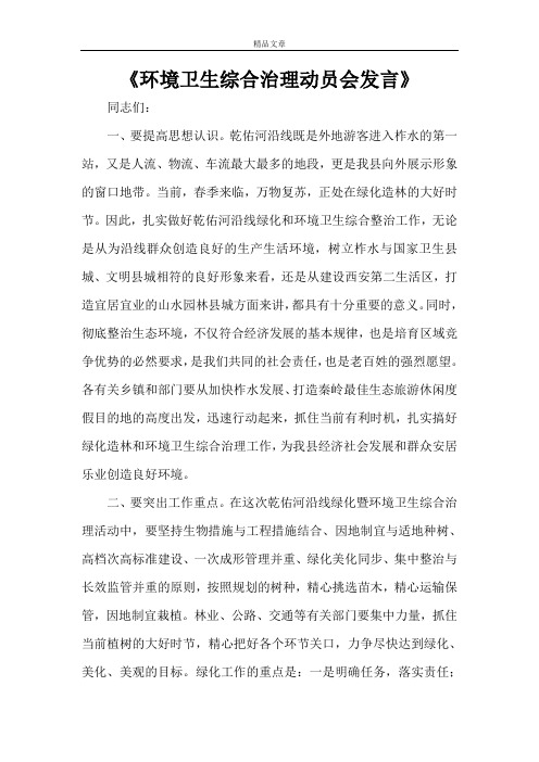 《环境卫生综合治理动员会发言》