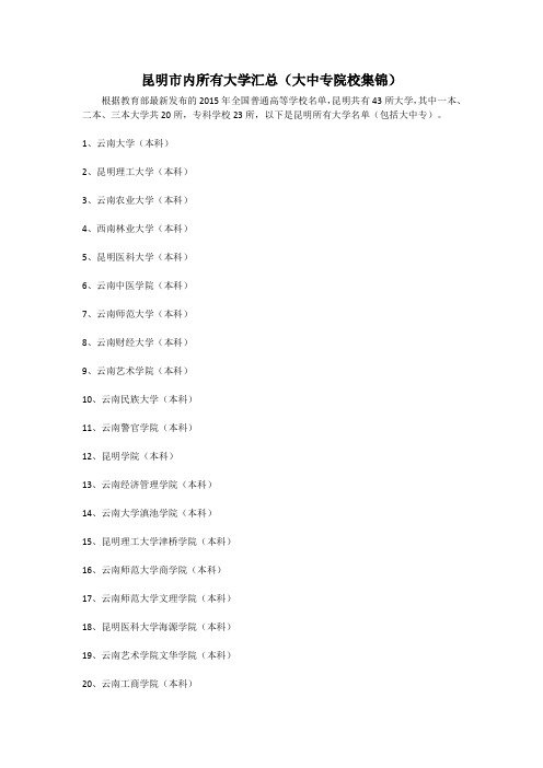 昆明市内所有大学汇总(大中专院校集锦)