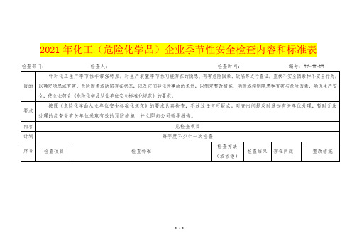 2021年化工(危险化学品)企业季节性安全检查内容和标准表