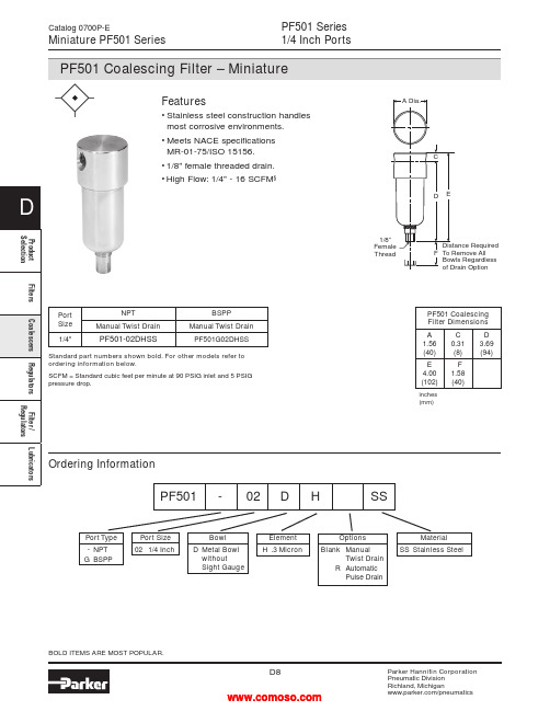 Parker PF501 Coalescing Filter - Miniature说明书