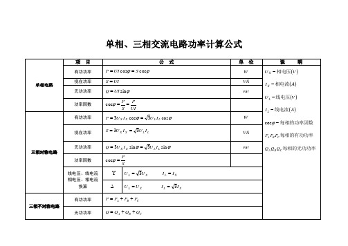 单相、三相交流电路功率计算公式