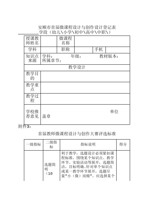 微课创作设计登记表及评分标准