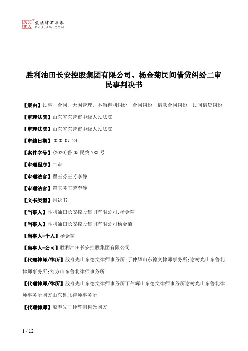 胜利油田长安控股集团有限公司、杨金菊民间借贷纠纷二审民事判决书