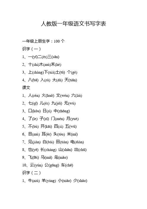 人教版一年级语文书写字表