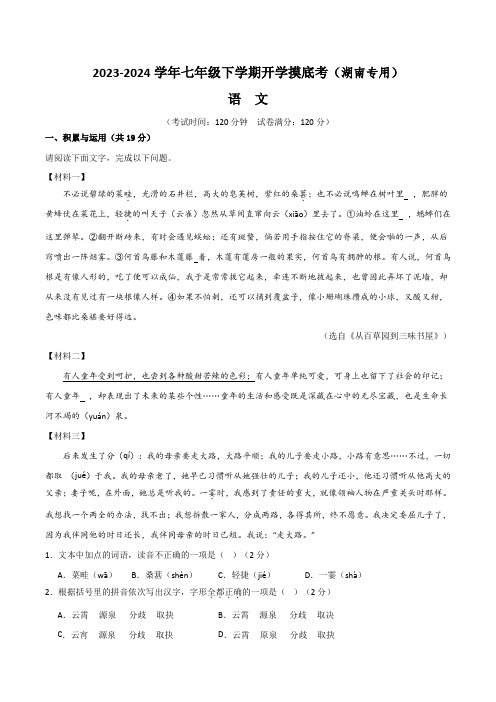 2023-2024春学期七年级语文下学期开学摸底金卷(考试版)