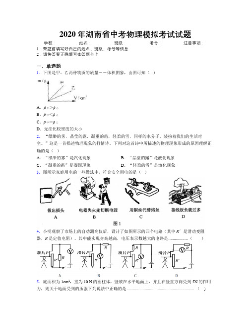 2020年湖南省中考物理模拟考试试题附解析