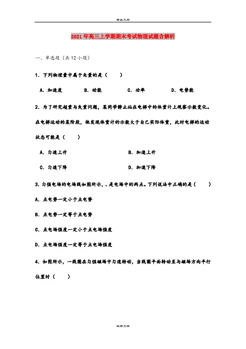 2021年高三上学期期末考试物理试题含解析