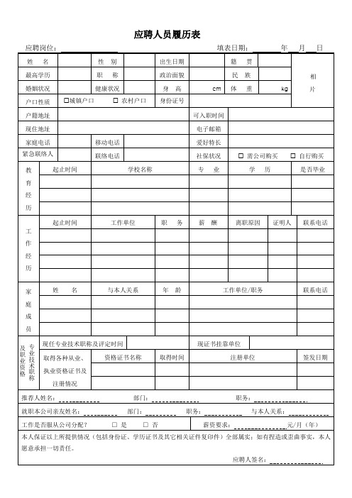 应聘人员履历表(普工类)