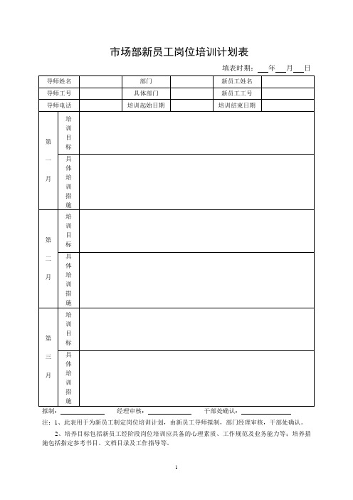 市场部新员工岗位培训计划表