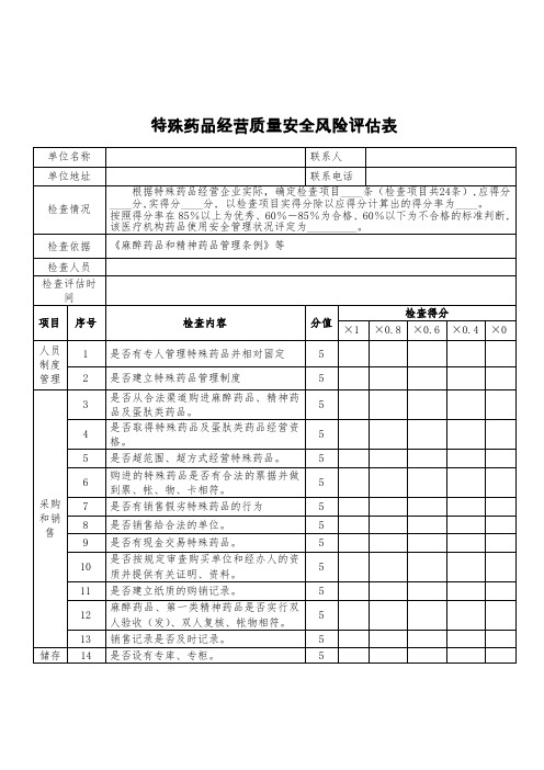 特殊药品经营质量安全风险评估表