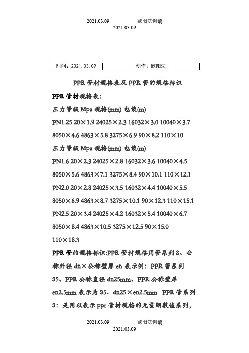 PPR管材规格表及PPR管的规格标识之欧阳法创编