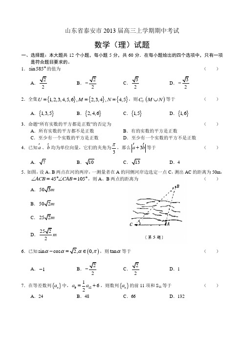 山东省泰安市2013届高三上学期期中考试数学(理)