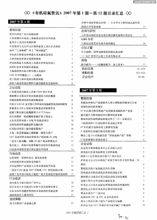 《有机硅氟资讯》2007年第1期～第12期目录汇总