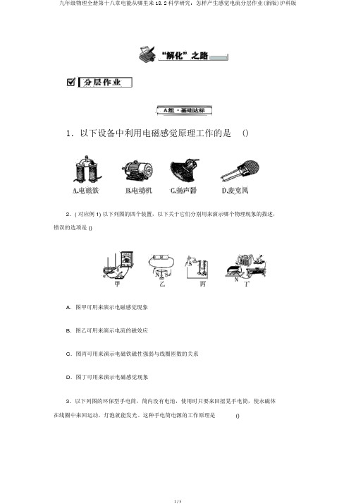 九年级物理全册第十八章电能从哪里来18.2科学探究：怎样产生感应电流分层作业(新版)沪科版