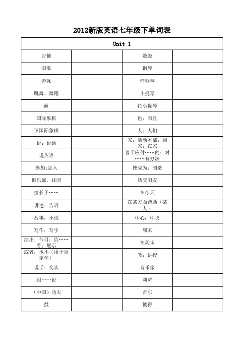 人教版版七年级下册英语单词检测表 汉译英