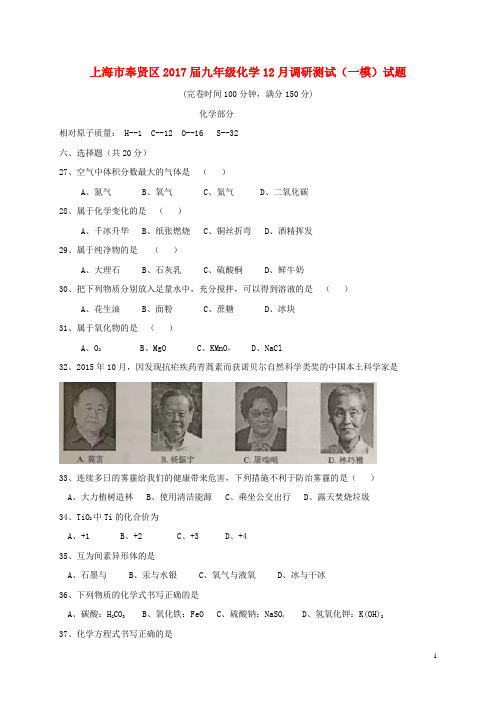 上海市奉贤区九年级化学12月调研测试(一模)试题