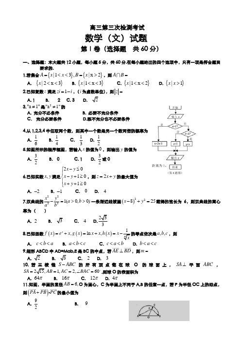 2020-2021学年高三数学(文科)下学期第三次诊断检测试题及答案解析