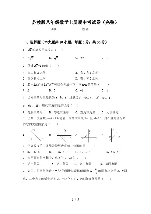 苏教版八年级数学上册期中考试卷(完整)