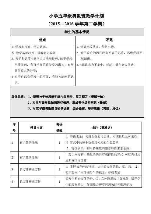 五年级奥数下册教学计划