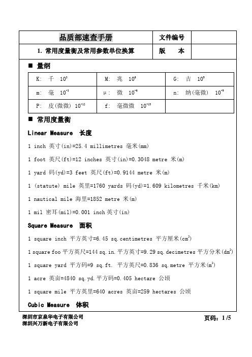 常用单位换算对照表