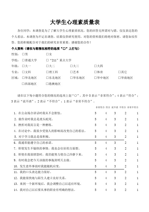 大学生心理素质量表