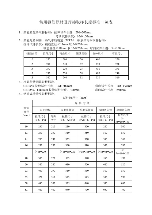 常用钢筋原材及焊接取样长度标准一览表