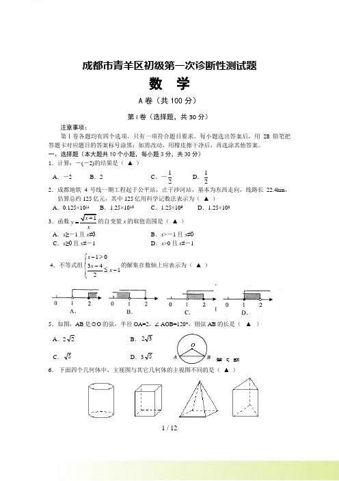 成都市青羊区九年级第一次诊断性考试数学试题及答案