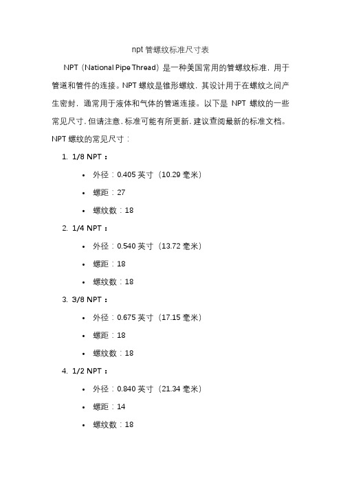 npt管螺纹标准尺寸表