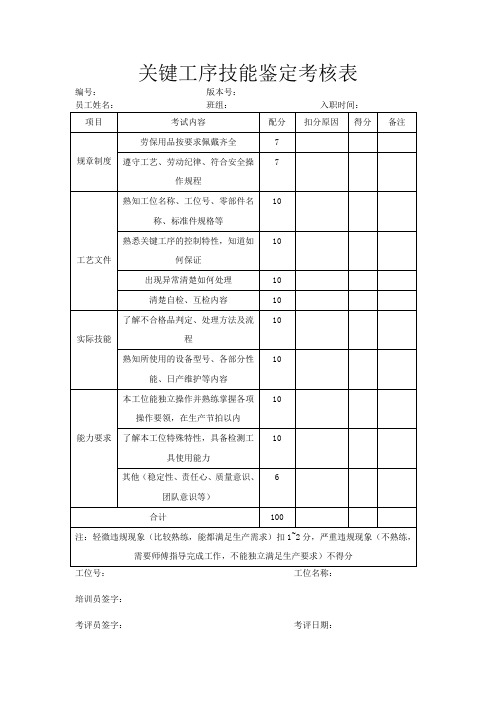 关键工序技能鉴定考核表