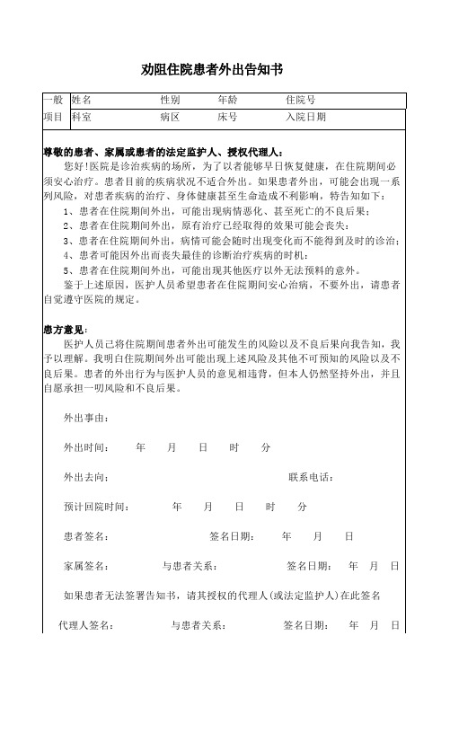 劝阻住院患者外出告知书