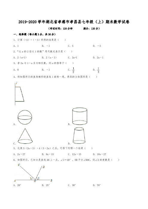 2019-2020学年湖北省孝感市孝昌县七年级(上)期末数学试卷