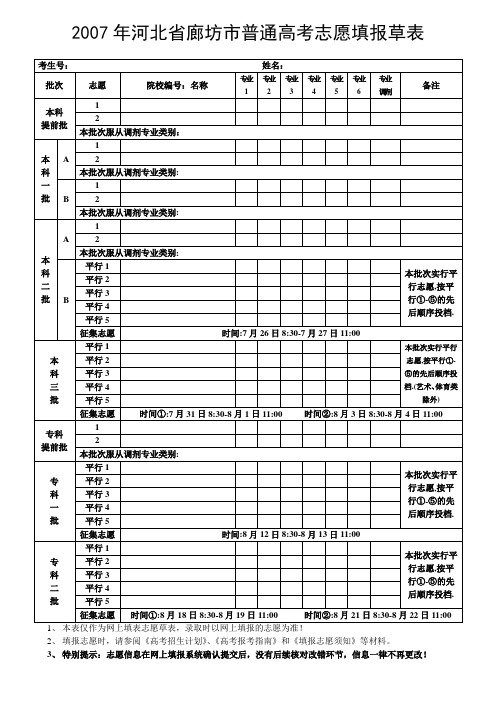 2007年河北省廊坊市普通高考志愿填报草表